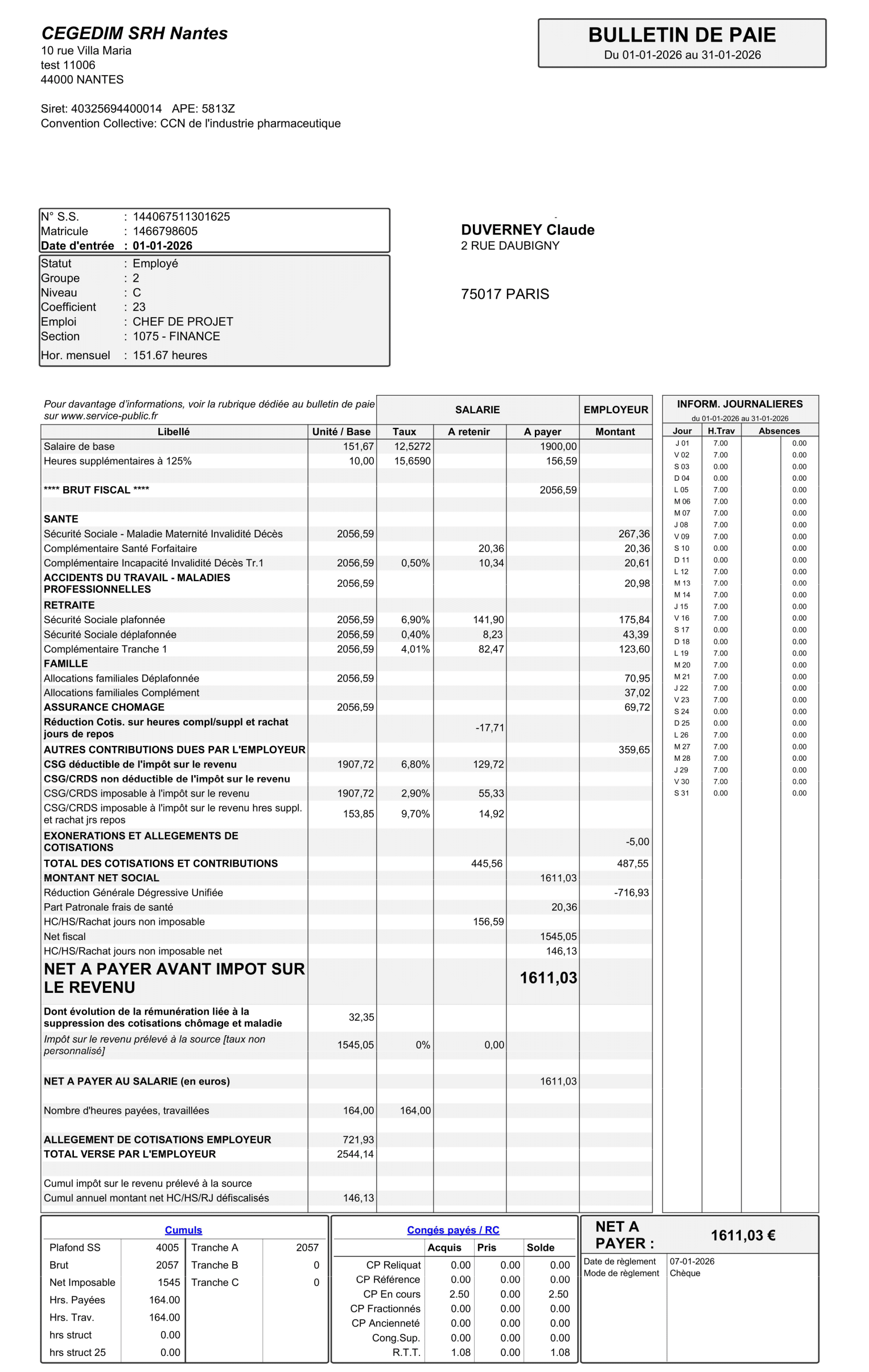 Exemple bulletin de paie 2024